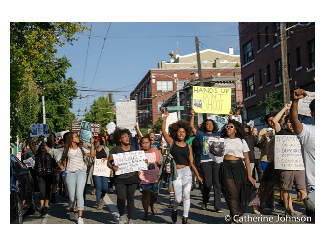 One of a series of protests that have taken place in Seattle in support of the fight for justice in Ferguson. Photo by Catherine Johnson.