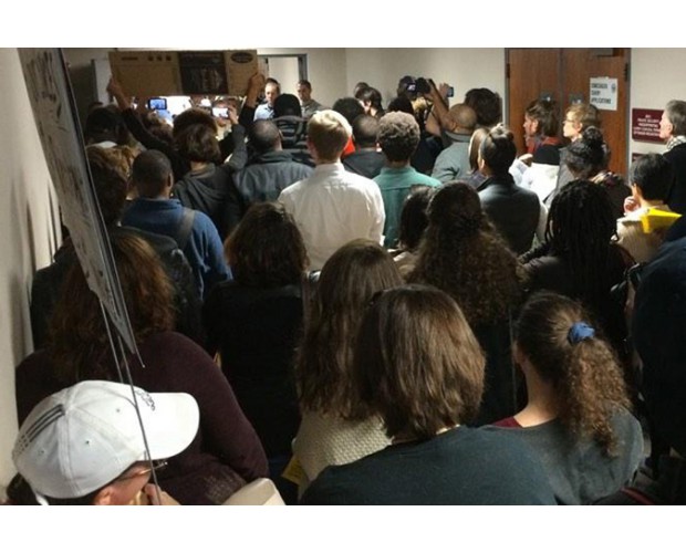 People protest on October 22 inside St. Louis County Police Headquarters in Clayton, Missouri--where the office of the prosecutor in the case of the police murder of Mike Brown is located. Photo: Twitter/@russellkinsaul