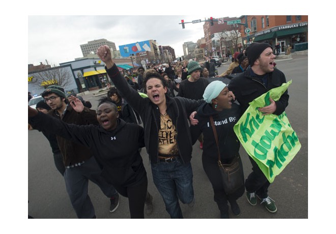 Colorado College students blocked traffic in Colorado Springs, CO. Nov. 25, 2014. photo: AP