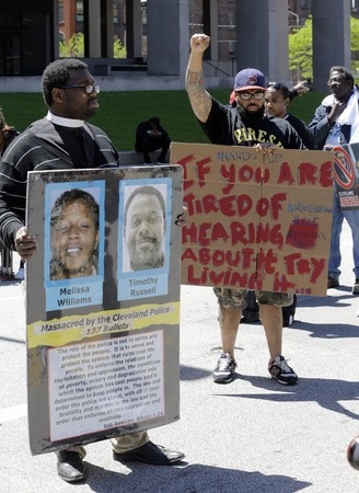 Protest outside courtroom, Cleveland, May 23