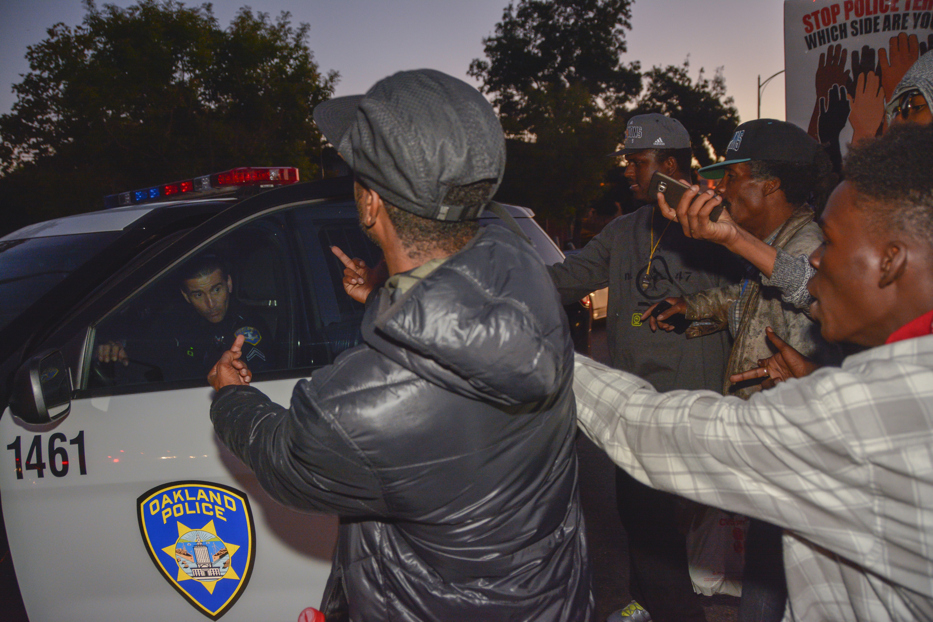 Confronting the police on the march.