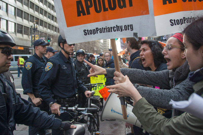 Protesters in San Francisco defiantly marched alongside the "Walk for Life," repeatedly confronting the march chanting "Forced Motherhood is Female Enslavement," and "Abortion On Demand and Without Apology."