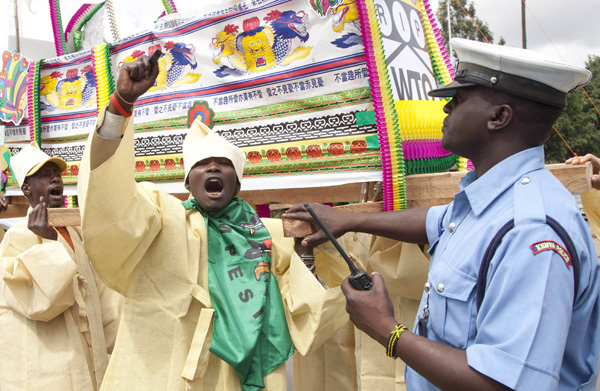 A Kenyan farmer shouts his opposition to the World Trade Organization, December 2015.