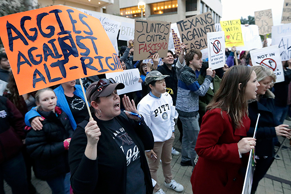 Hundreds of A&M students with homemade placards and banners joined thousands of people to protest neo-Nazi (aka “alt-right”) Richard Spencer, December 6