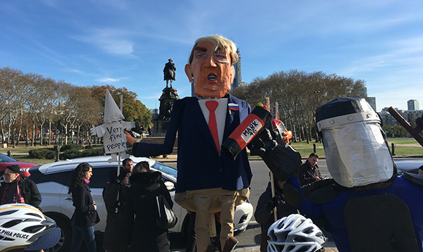 trump puppet at philly rally and dance party