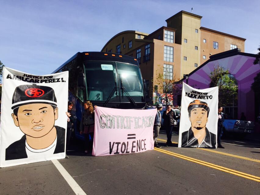 People shut down street in front of police station in the Mission District to protest police killing of Alex Nieto, a City College student. March 23, San Francisco.