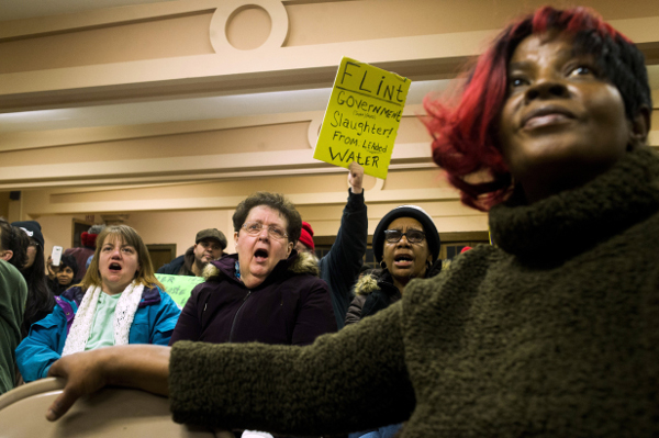 Some of the more than 150 Flint, Michigan residents at a January 14 protest in Lansing against the government's role in the huge water crisis.