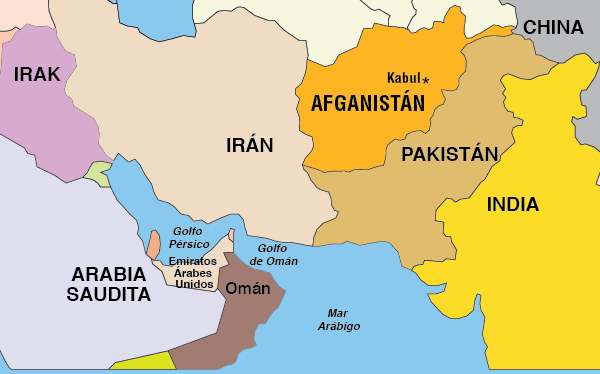 Map of Central-South Asia, focus on Afghanistan