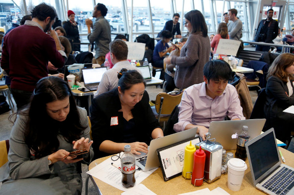 Volunteer lawyers, translators and others camped out in a diner at John F. Kennedy Airport, trying to find and free people detained under the fascist ban, January 29.