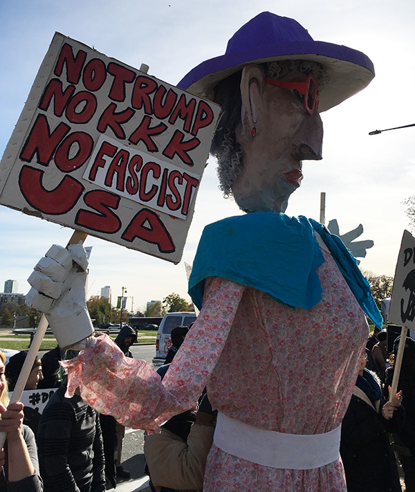 trump puppet at philly rally and dance party