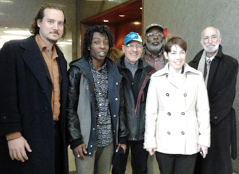 Morgan Rhodewalt, Jamel Mims, Bob Parsons, Carl Dix, defense attorney Meghan Maurus and defense attorney Marty Stolar at Queens Criminal Court, November 15, 2012.