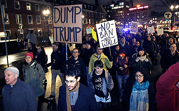 The Harvard Islamic Society, the Society of Arab Students and other student groups marched through Harvard Square, Cambridge, MA on March 7 to protest Trump’s new travel ban.