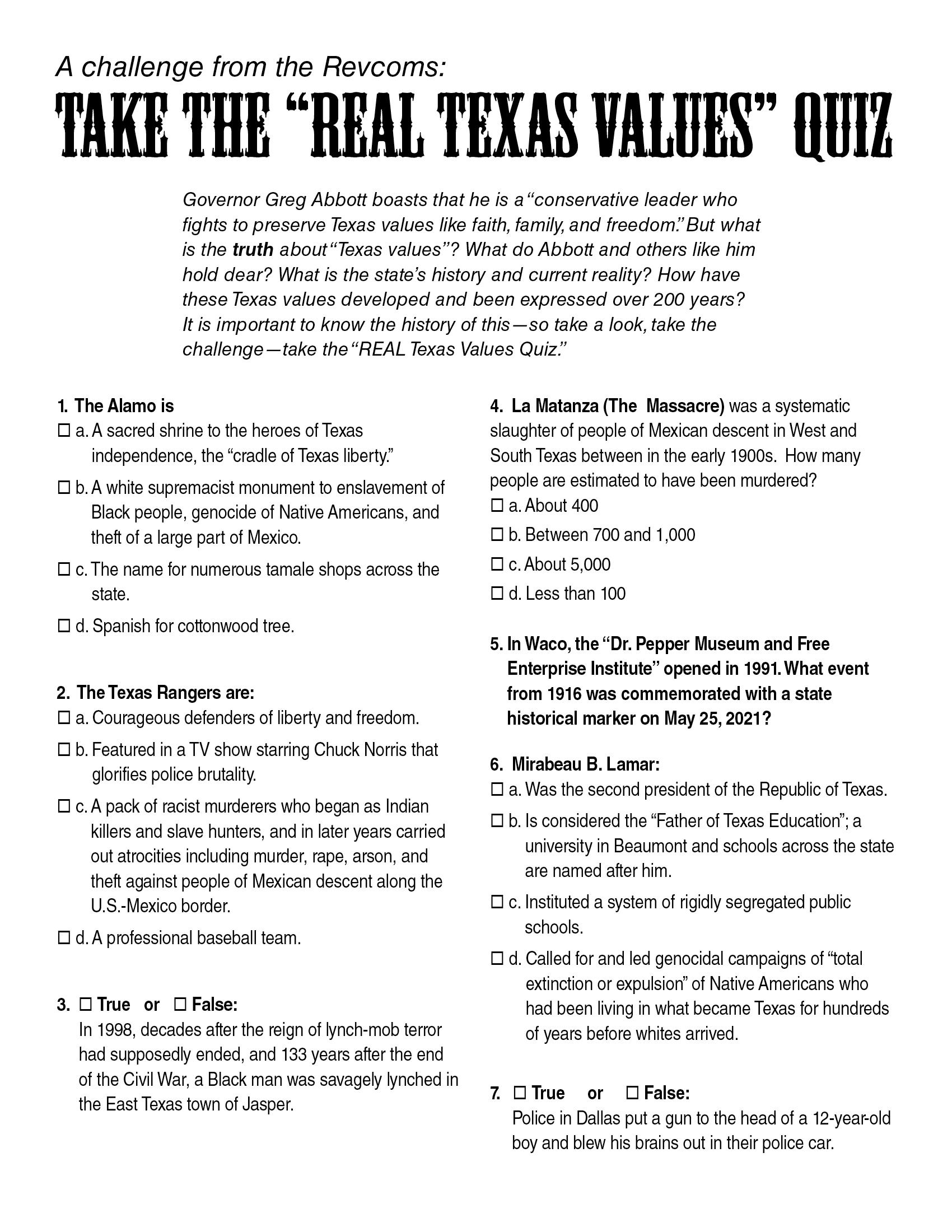 Questions for Texas Quiz