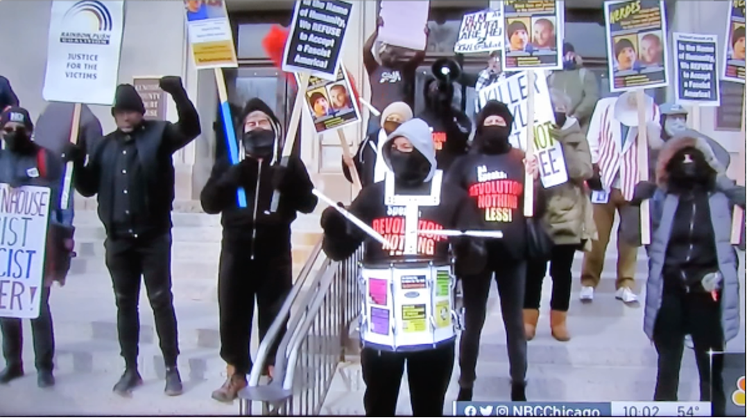 NBC Chicago News, November 16, scene in front of Kenosha, Wisconsin, courthouse where the Rittenhouse trial was taking place.