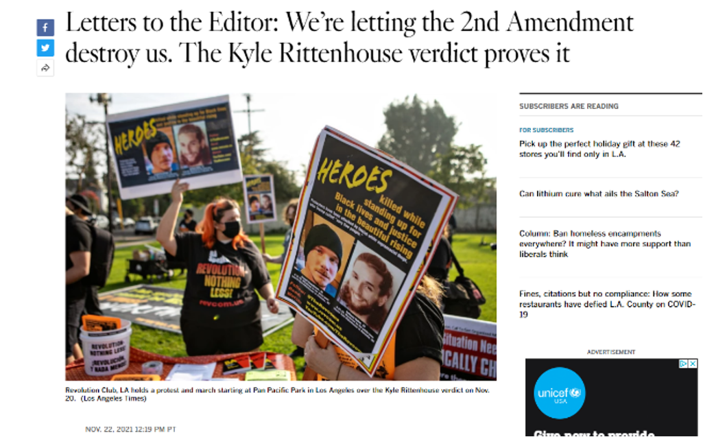 November 22, 2021 Letter to Editor Los Angeles Times Rittenhouse Verdict