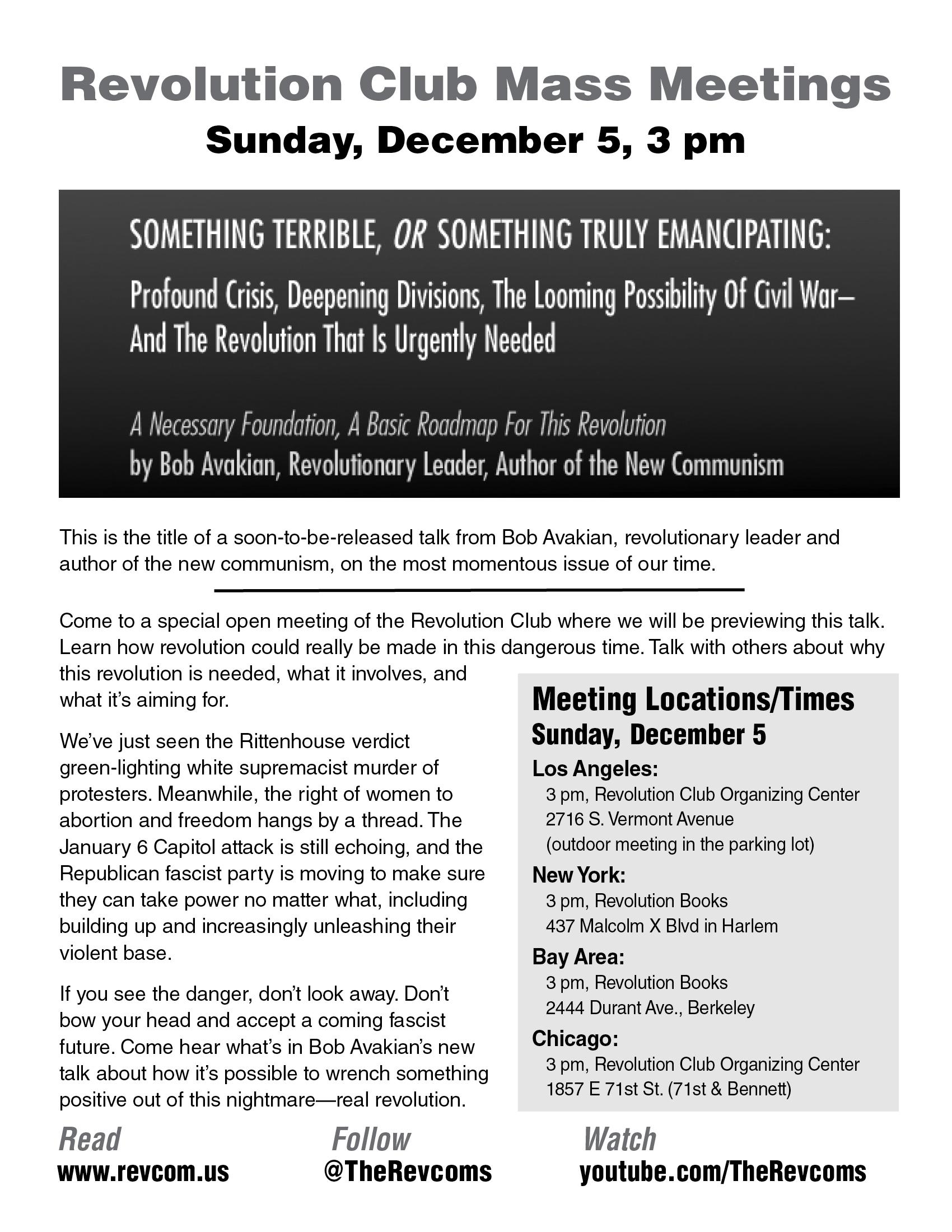 Leaflet for Revolution Club Mass Meetings December 5