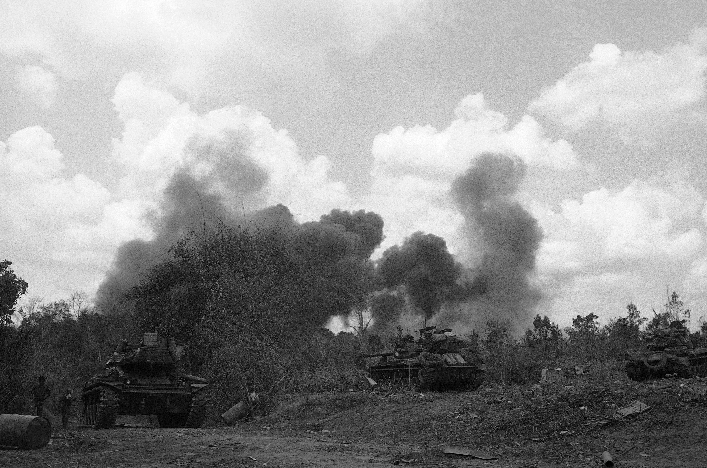 Smoke from U.S. napalm bombs dropped 15 miles inside the small country of Laos, which was neutral in the Vietnam War. 