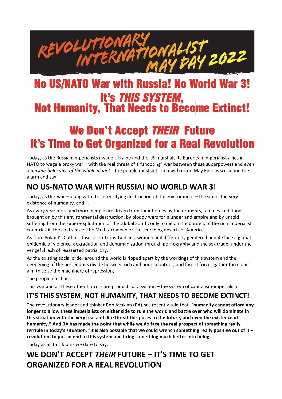 Revolutionary Communist Manifesto Group May Day 2022