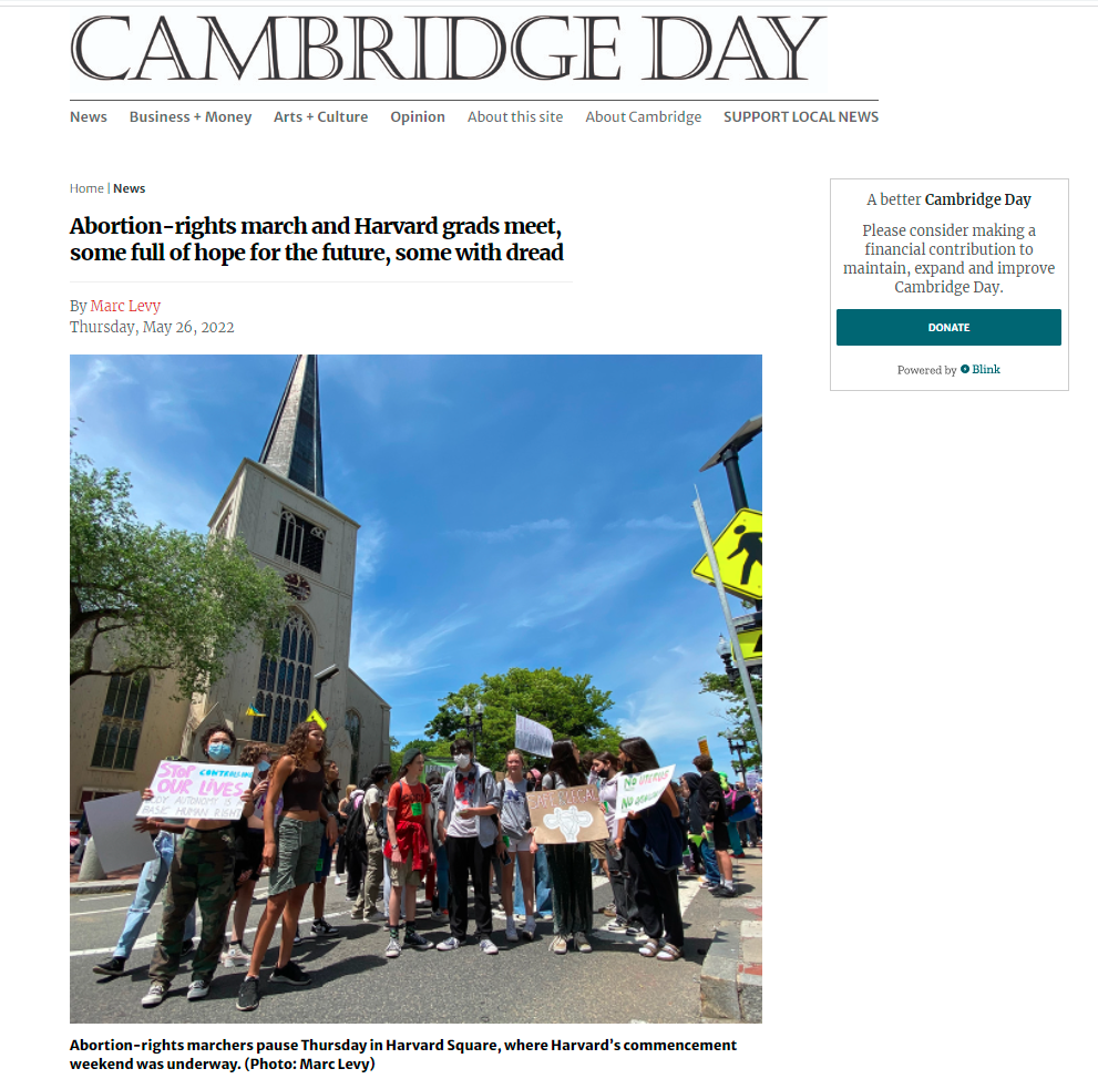 May 26 2022 abortion rights marchers in Harvard Square during commencement weekend.