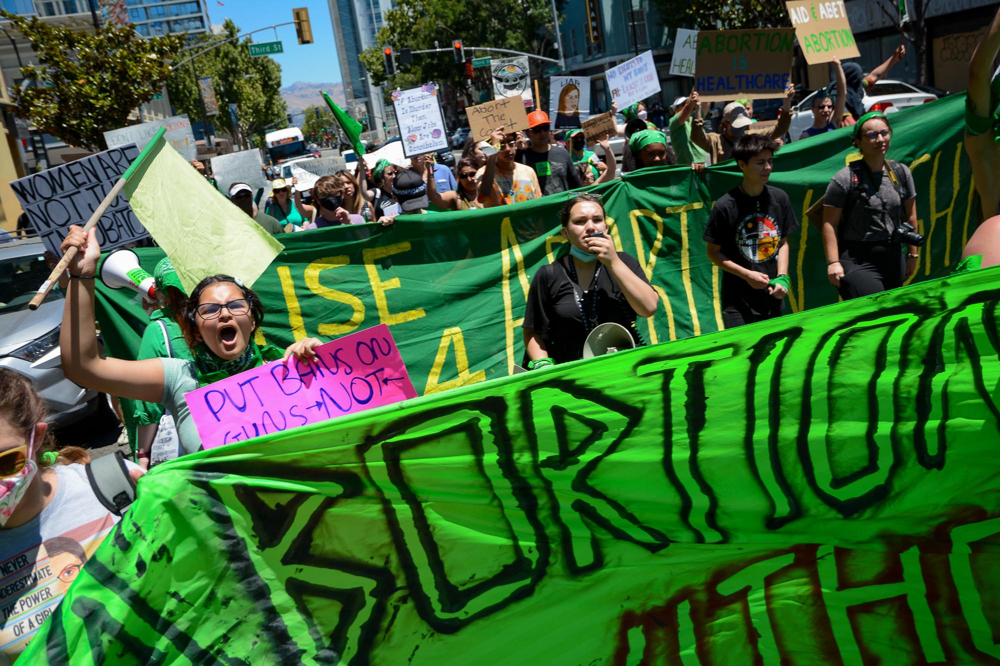 July 9, 2022, three young women lead abortion rights rally in San Jose, CA