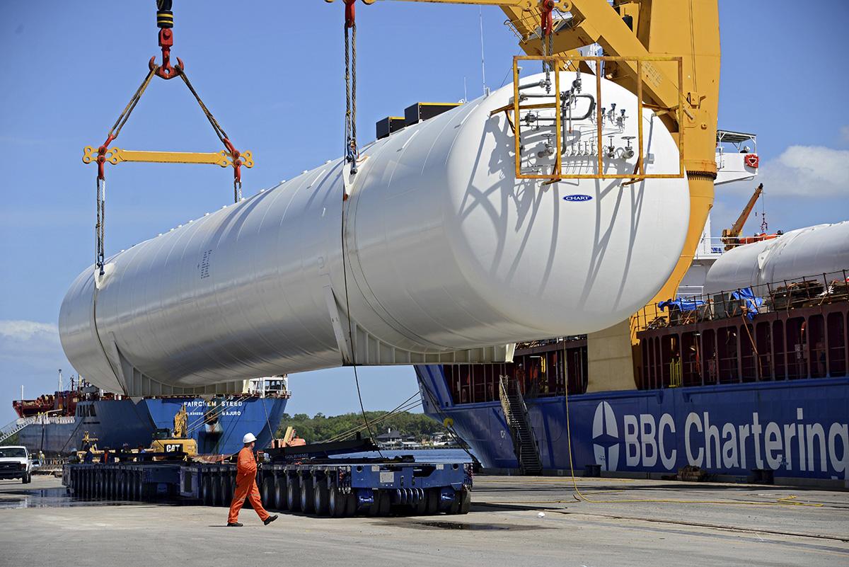 A liquified natural gas tank is over half a football field long, weighs 260 tons and stores 265,000 gallons of liquified natural gas.