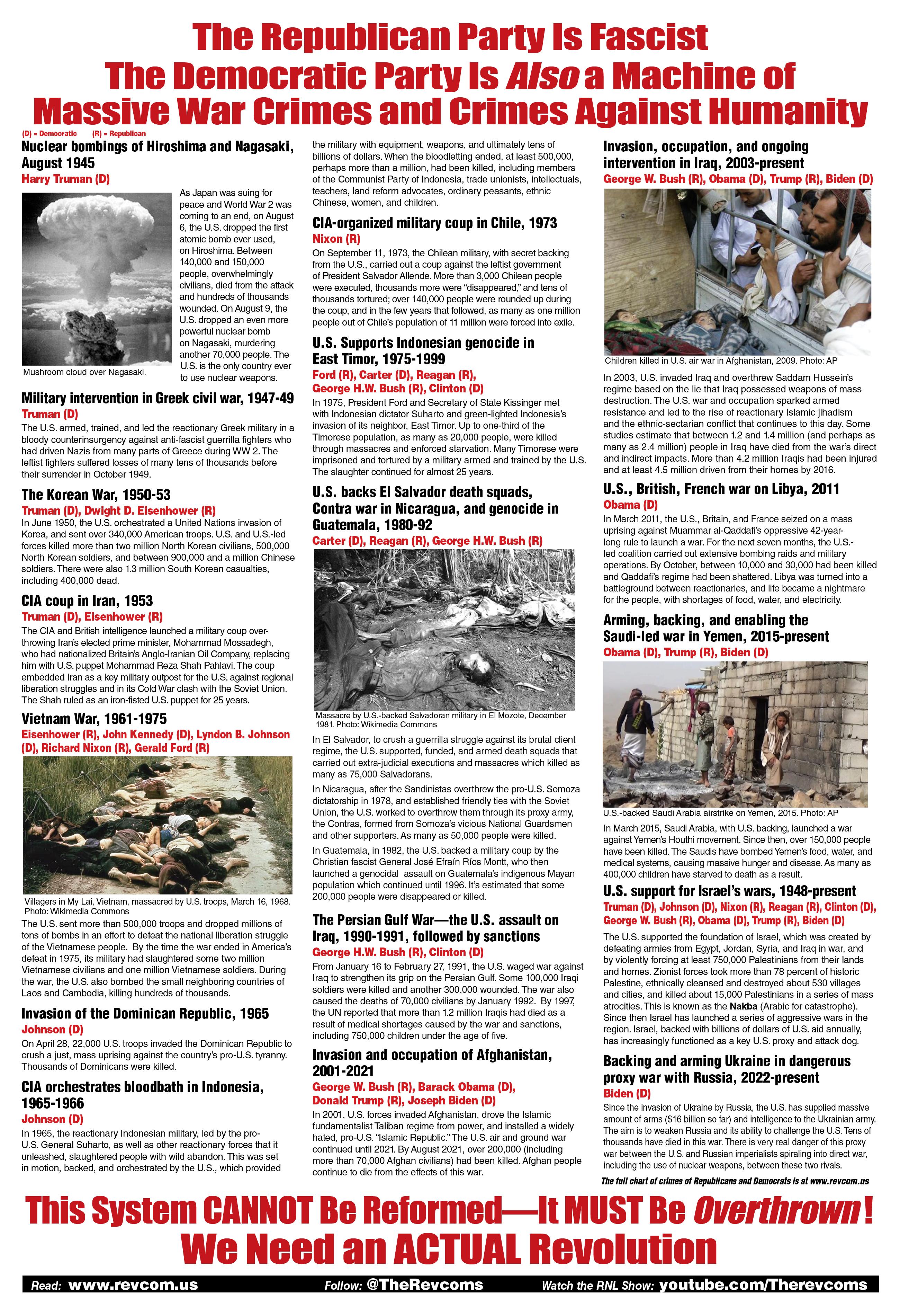 Poster of chart of Republi-fascists and Democrats crimes against humanity.