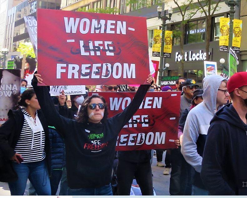 Chicago women's march, Iran contingent, banner: Women-Life-Freedom, October 8, 2022.