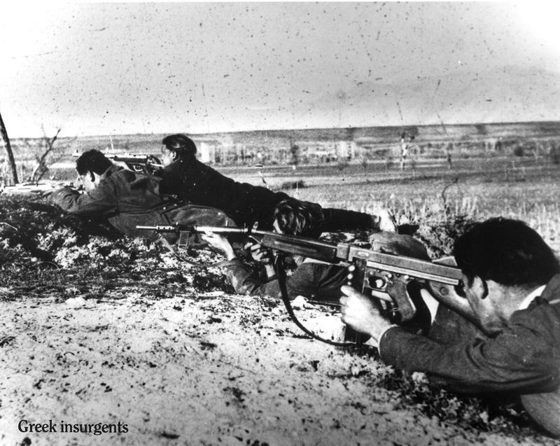 Greek insurgents, 1947:  In 1948, U.S. President Truman announced the anti-communist Truman Doctrine, which provided arms, finance, and training to suppress popular insurgency in Greece.