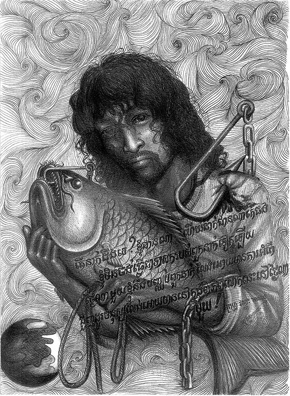 Drawing of a fisherman "slave" holding a fish with a hook in his shoulder.
