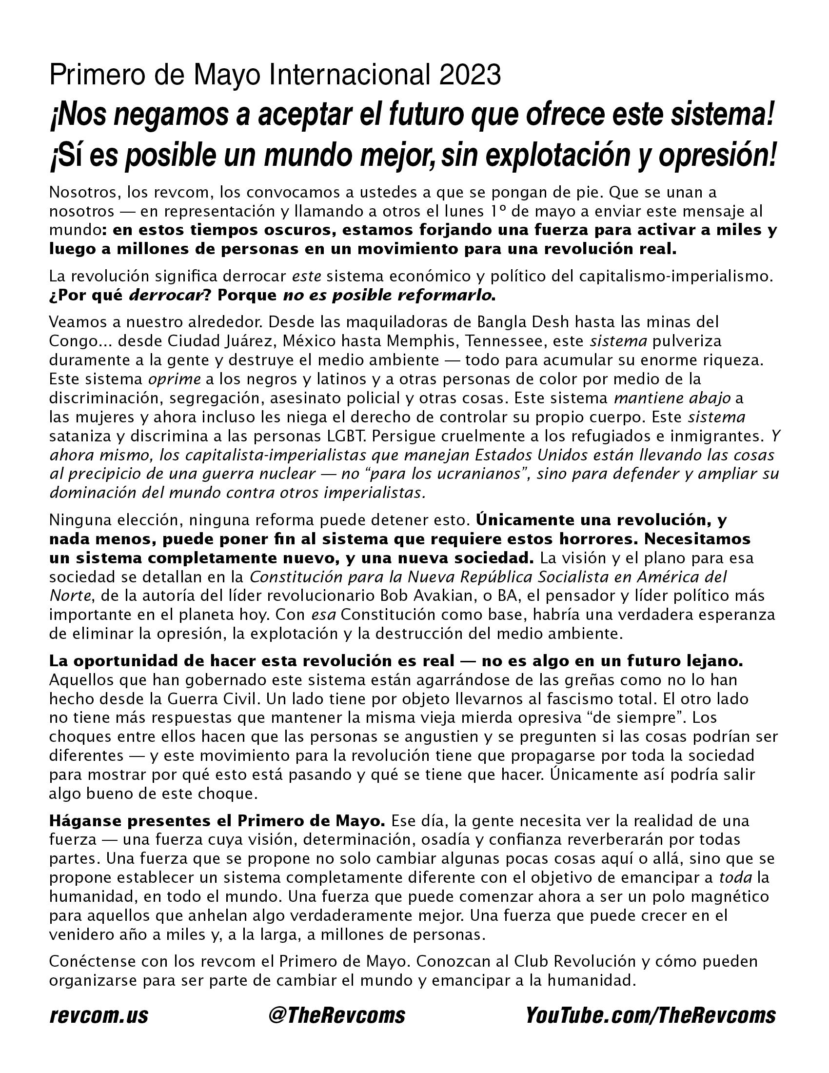 Rev Coms Call for May Day FRONT Spanish