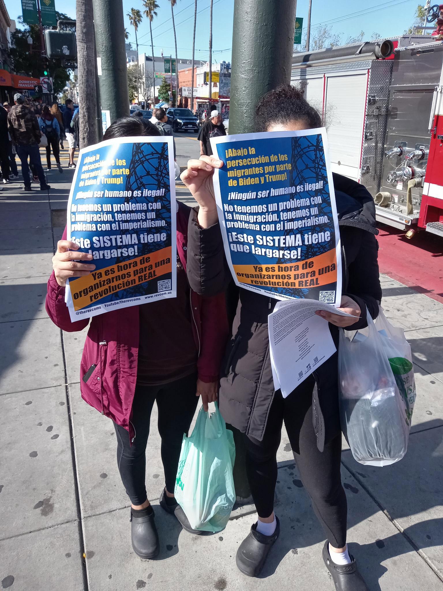 San Francisco, Mission District, immigrants took bundle of WE ARE THE REVCOMS but did not want to show their faces.