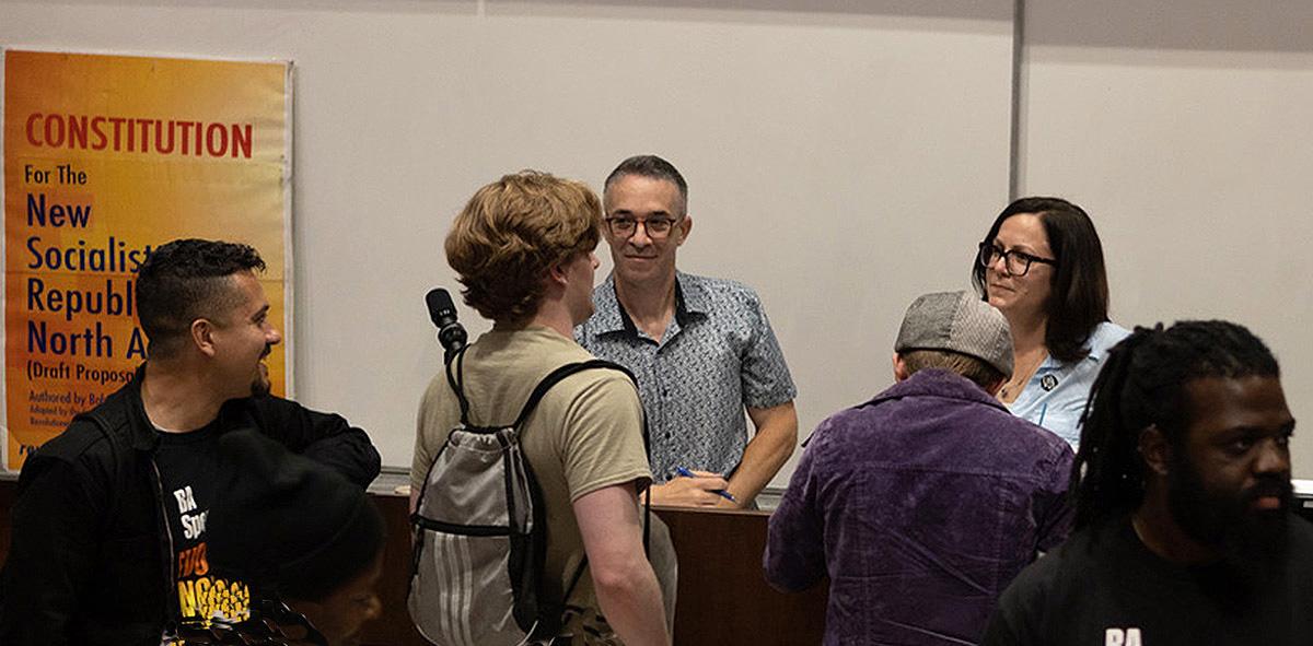 Mingling after Sunsara Taylor, "Woke Lunacy vs Real Revolution" talk at UCLA, May 25, 2023.