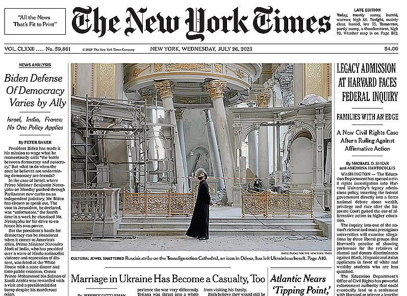 New York Times front page, July 26, 2023: Article Biden Defense of Democracy Varies by Ally.