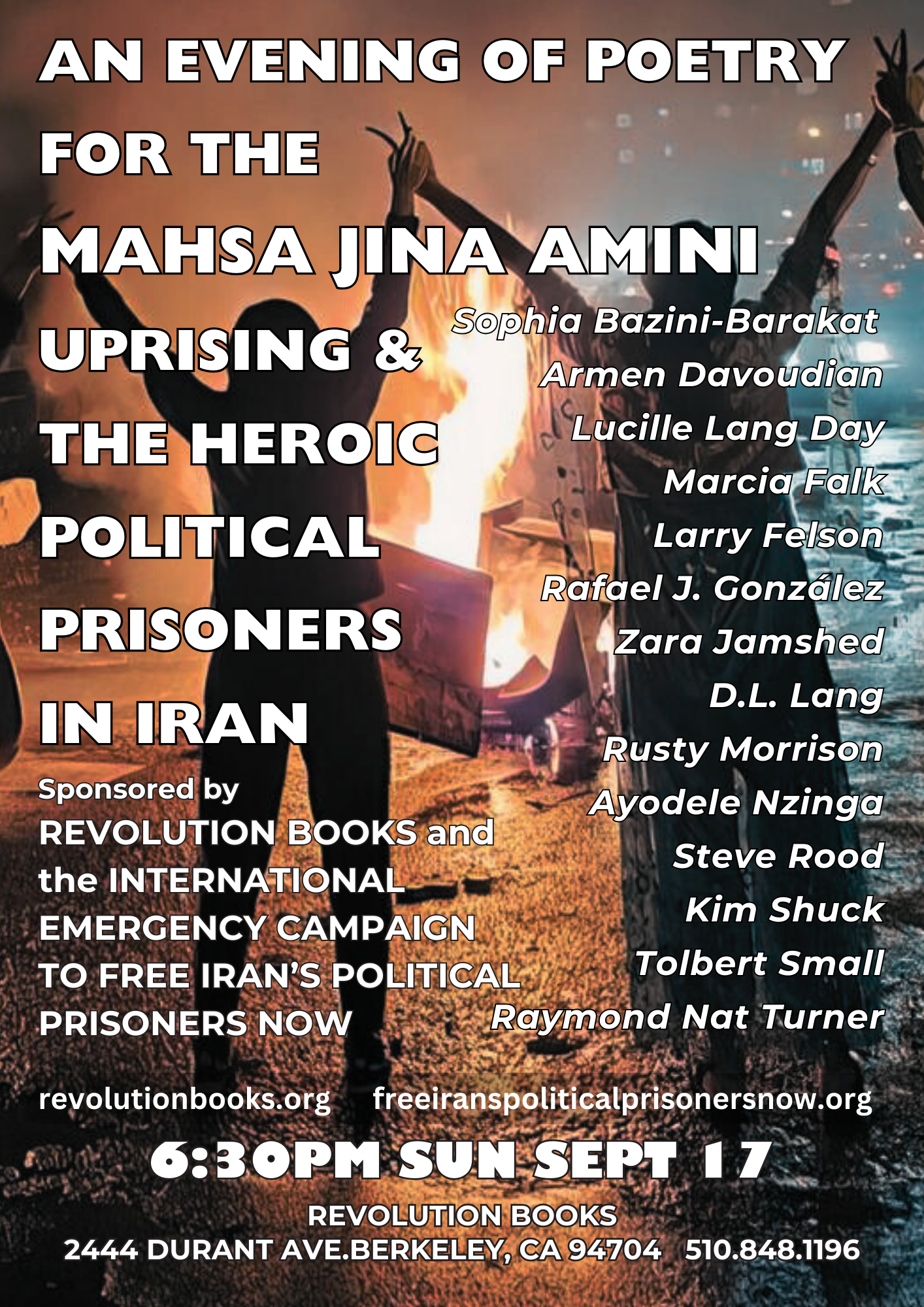 poster for Iranian uprising and prisoners poetry event Sept 17 Berkeley