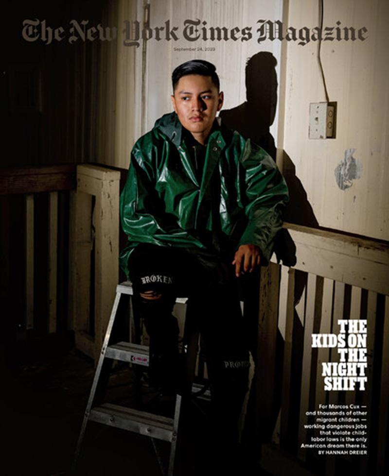 NYT Magazine cover for article on child labor with child who lost his arm in meat grinder.