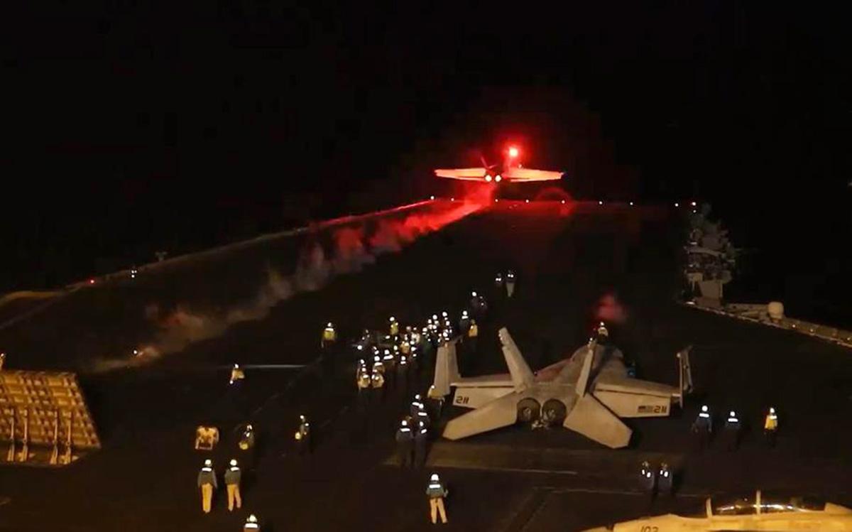 A U.S.F/A-18 Super Hornet takes off from USS Dwight D. Eisenhower to target sites in Yemen, January 11, 2024.