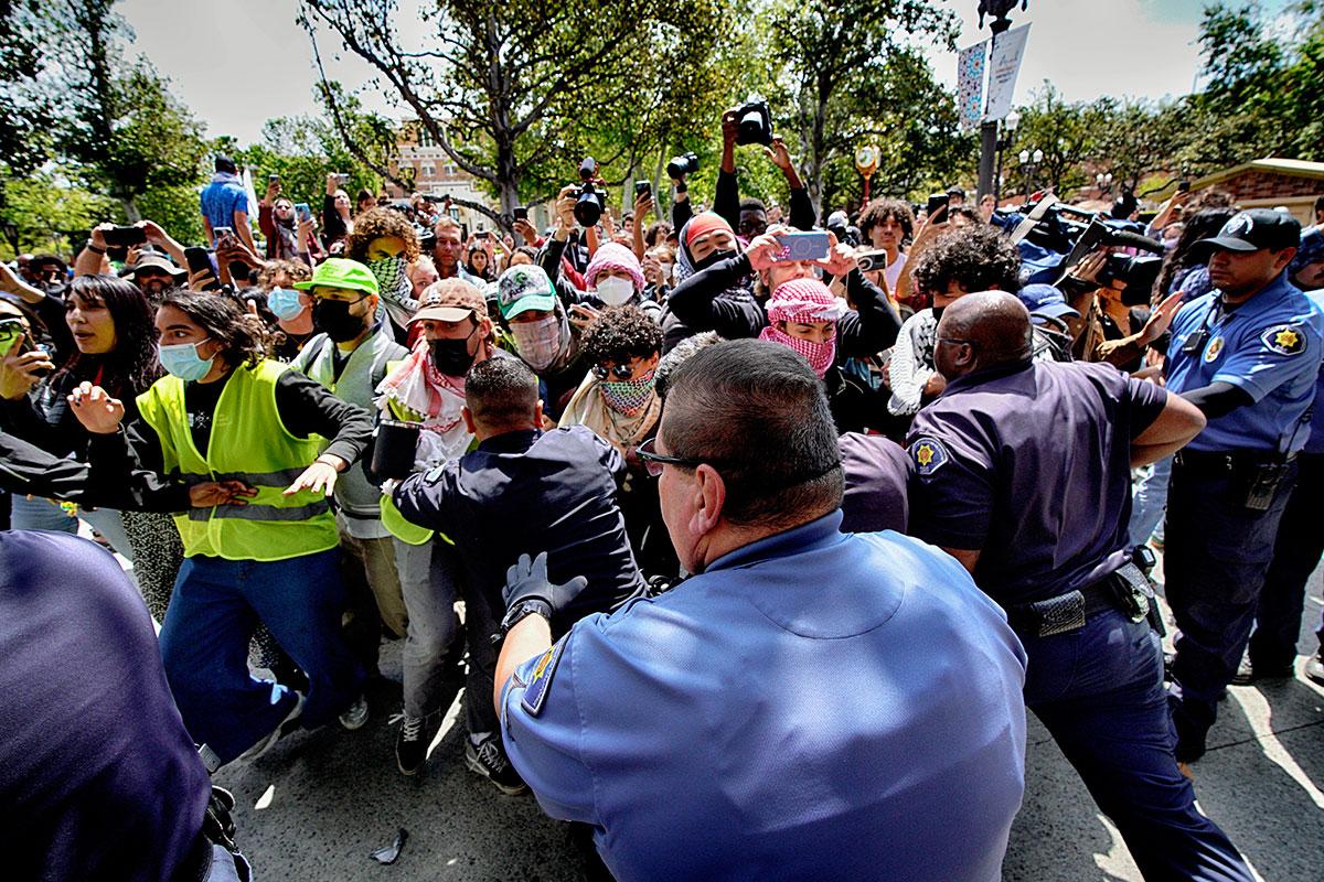 Pro-Palestinian occupation University of Southern California, April 24, 2024, gets attacked by University Public Safety officers.