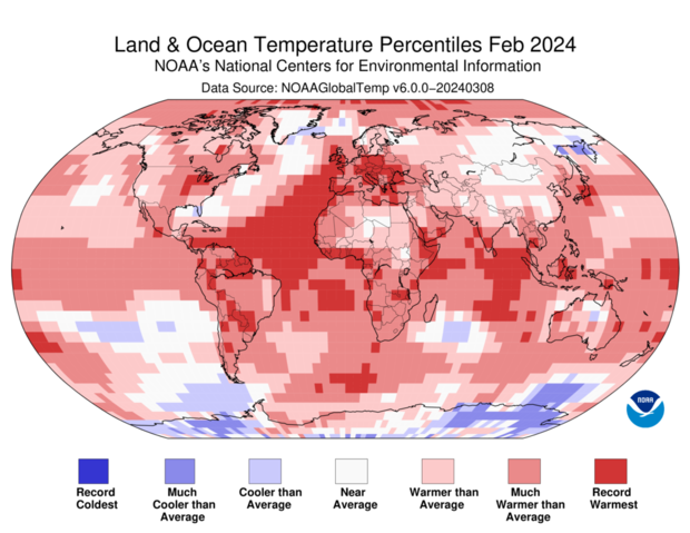 Global map with land and ocean temperature percentiles indicated by color.