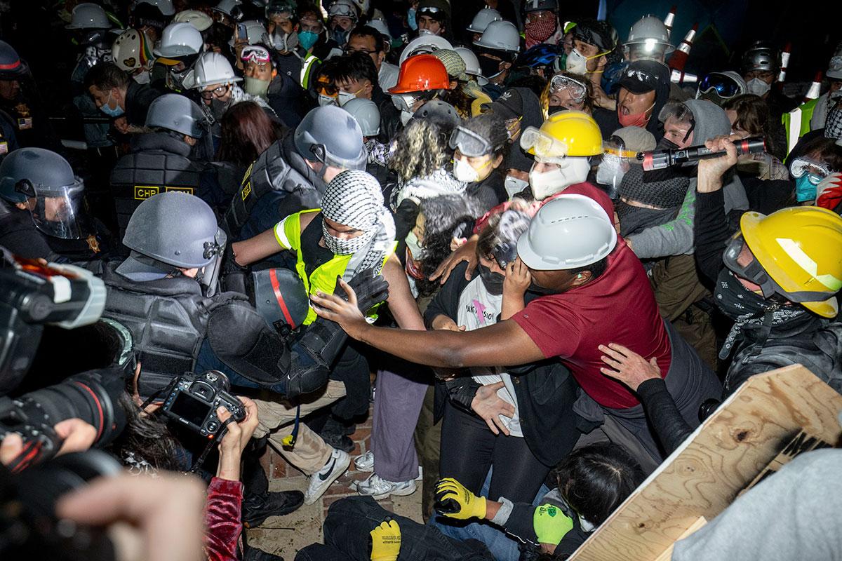 LAPD advance on pro-Palestinian students on the UCLA campus, Los Angeles, May 2, 2024.