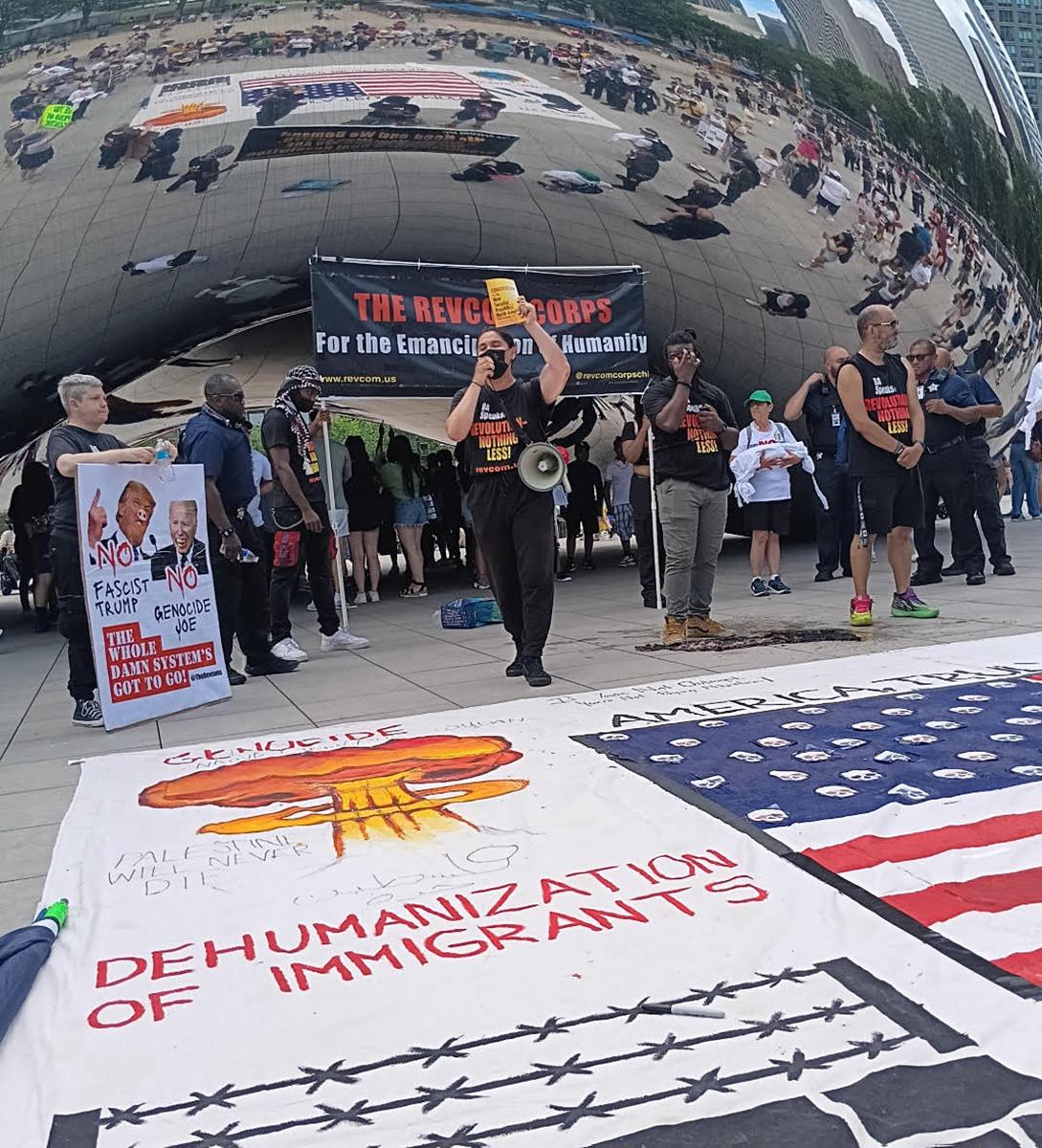 July 4, 2024, Chicago: Revcom agitator at The Bean.