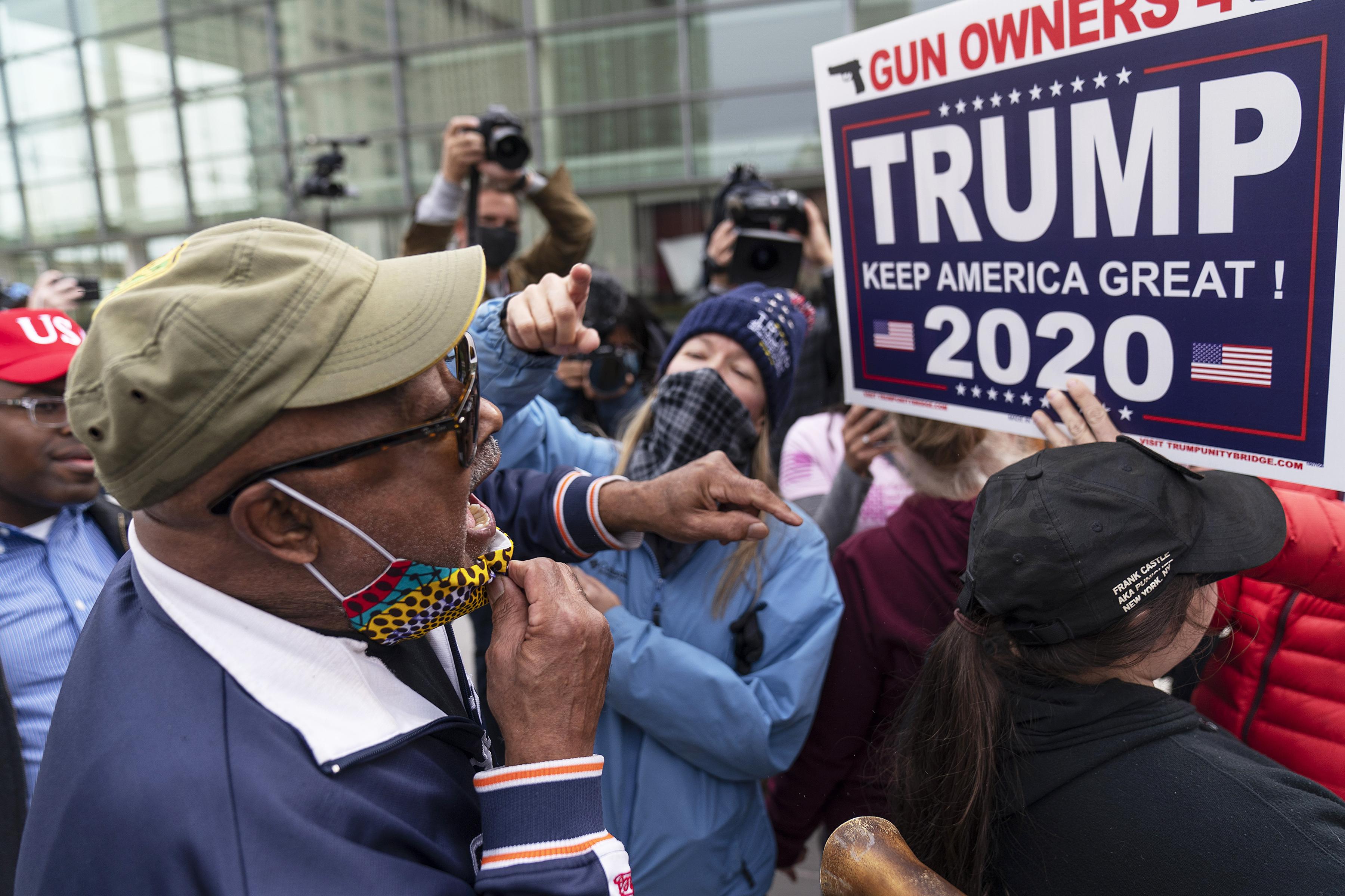 In Detroit, Trumpites protest the election results outside the central counting board, and yell at non-Trump voters, November 5, 2020.