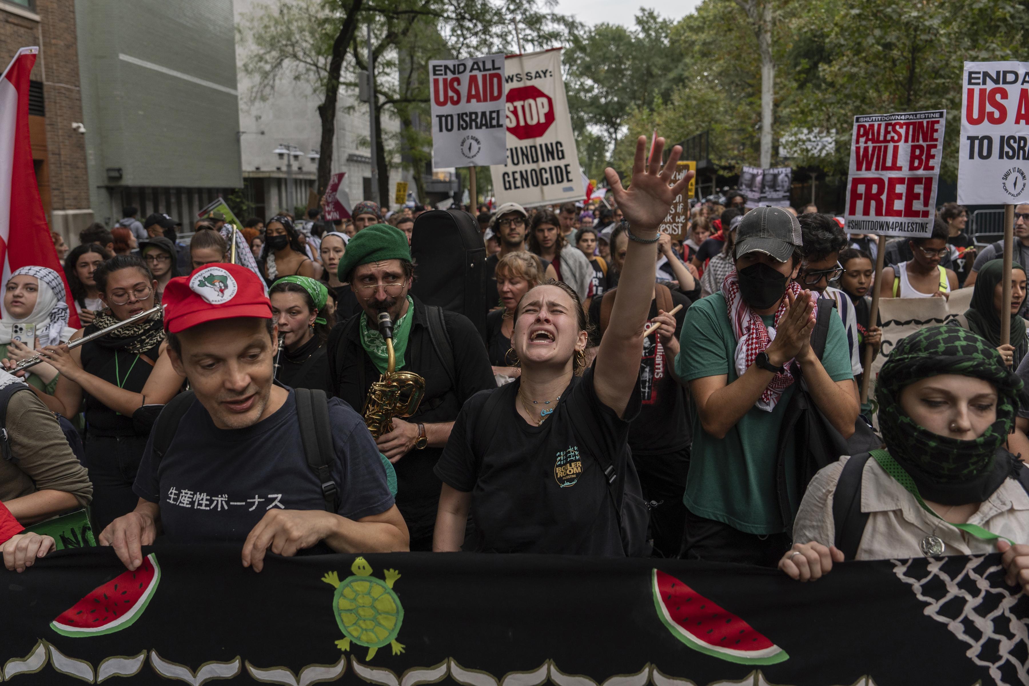 Palestinian supporters march near the United Nations to protest Netanyahu's visit, September 26, 2024.