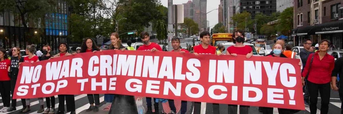 JVP banner, "No War Criminals in NYC, Stop the Genocide", in march and protest against Netanyahu, September 27, 2024.