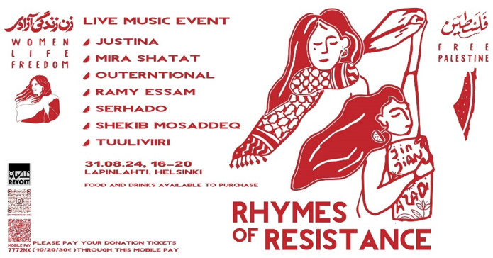 Poster for Rhymes of Resistance concert in Helsinki, Finland, August 31, 2024.