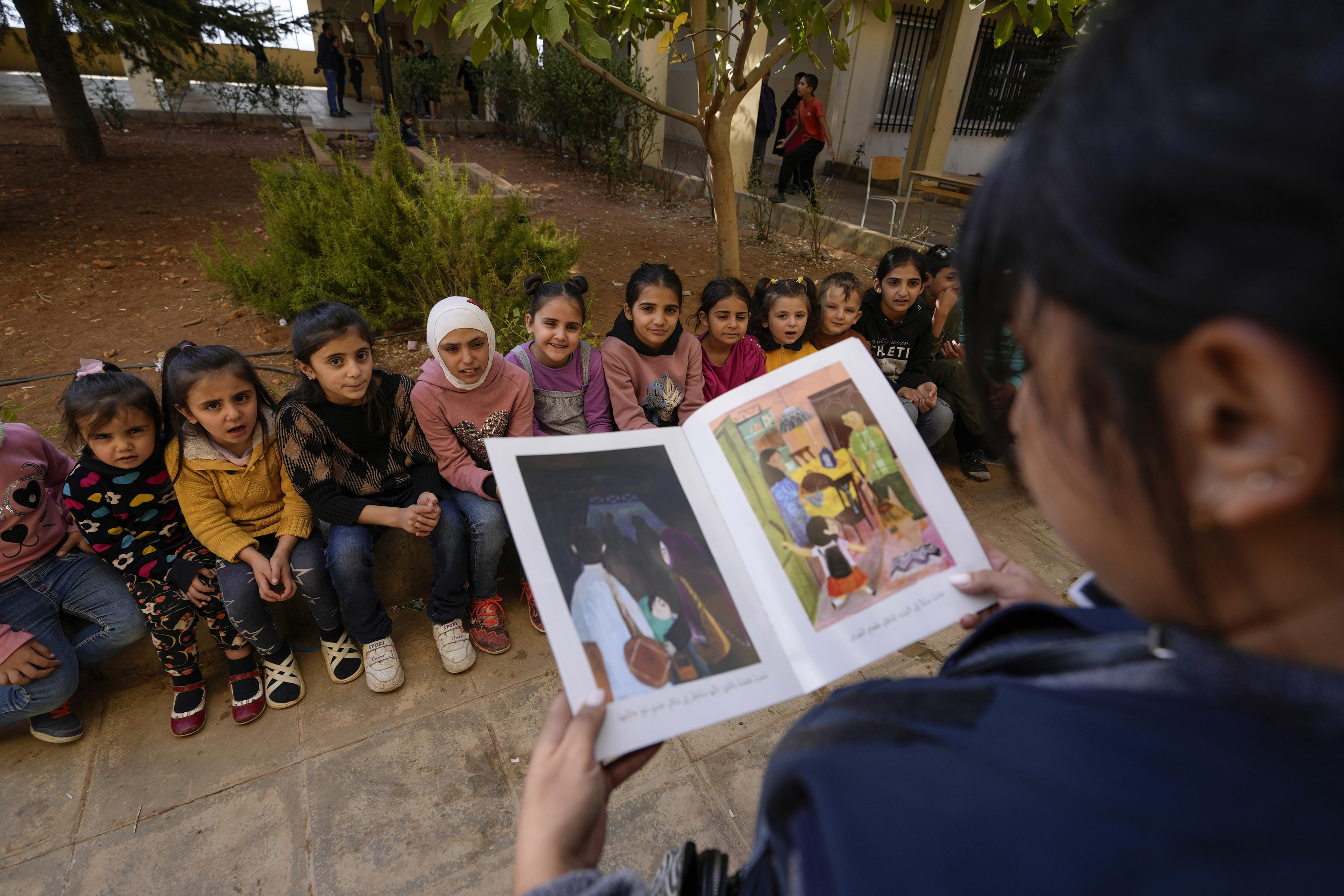 Displaced children, who fled Israeli airstrikes in Baalbek city, shelter in a school in east Lebanon, October 31, 2024.