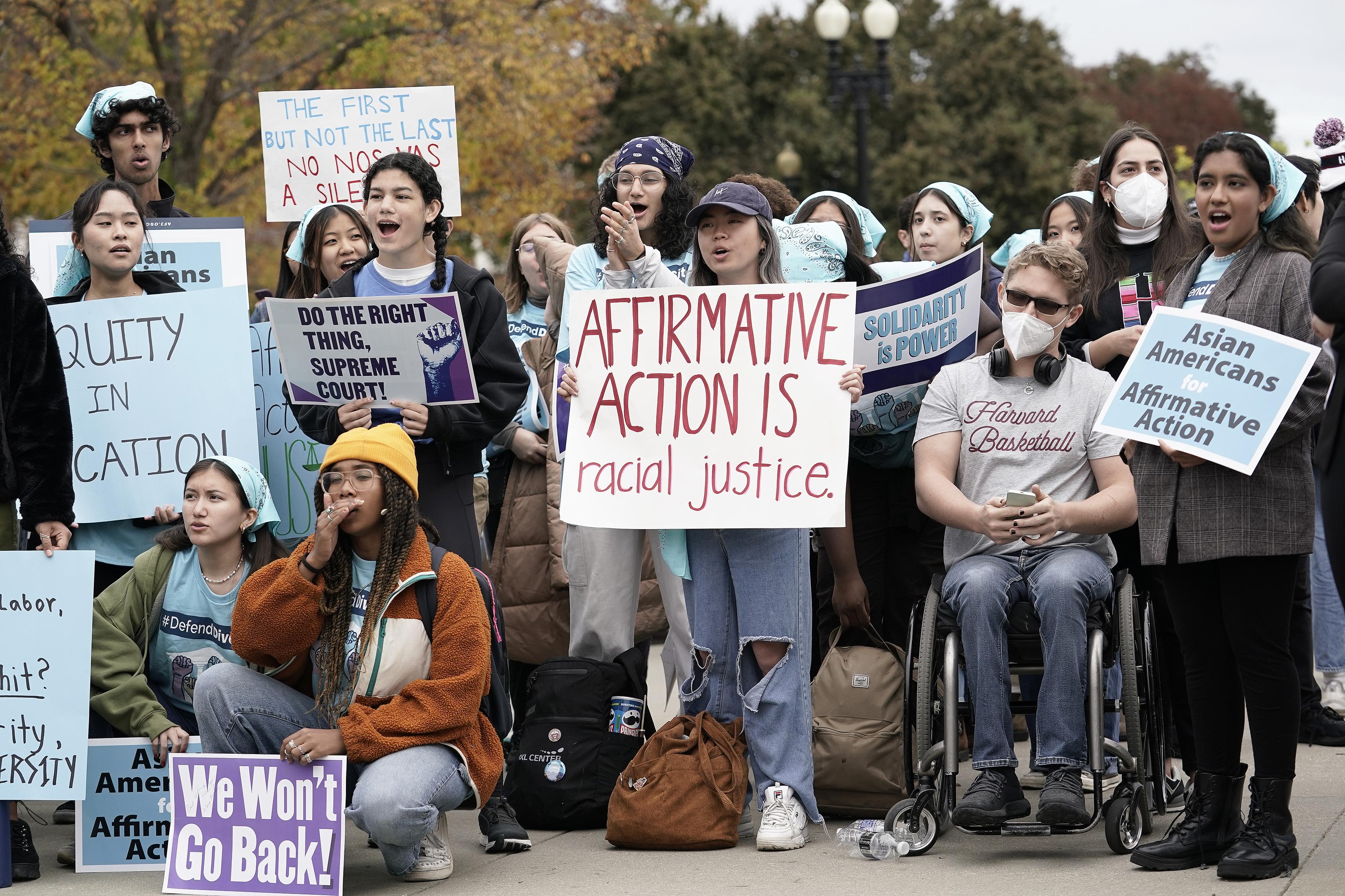 A rally outside the Supreme Court as the court begins to hear oral arguments on college admission affirmative action cases, October 31, 2022.