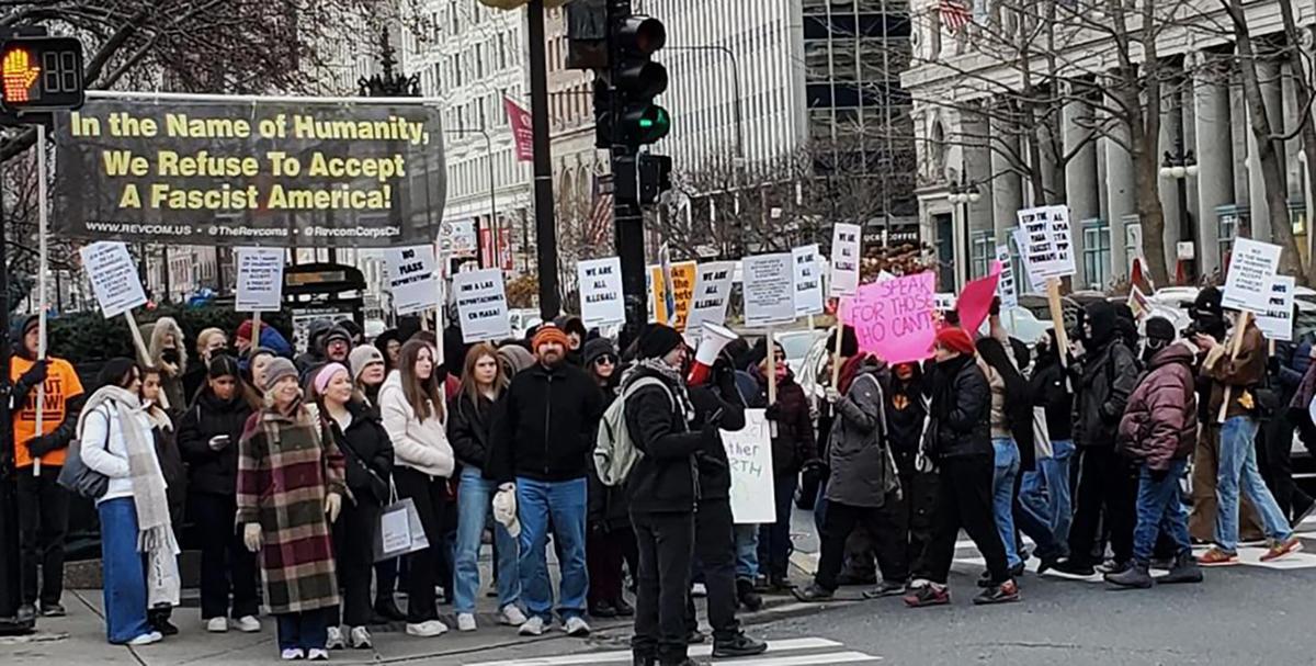 Shoppers join marchers and Chicago Revcom Corps rally, February 1, 2025.