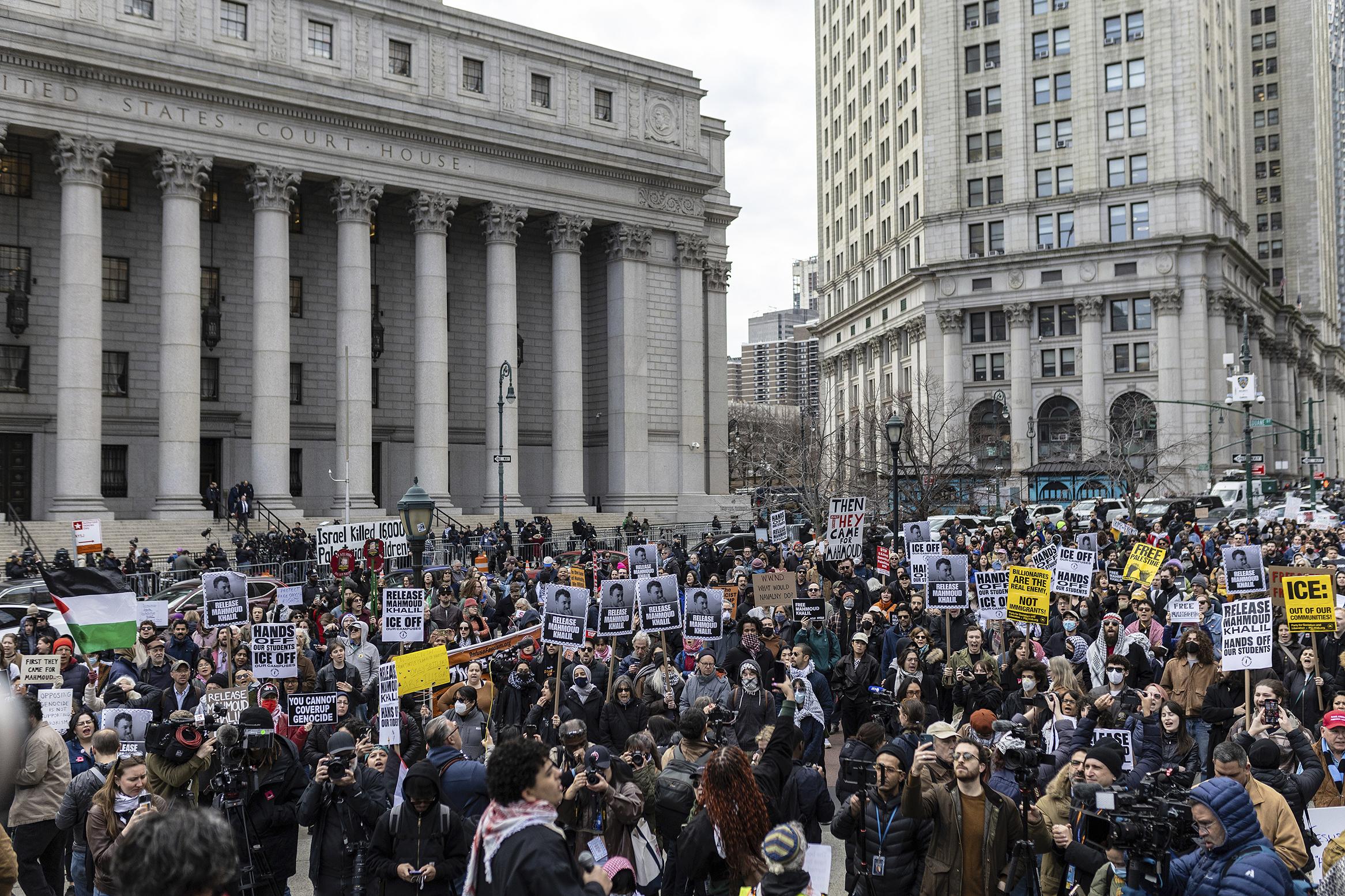 Crowd protests abduction of Mahmoud Khalil in Foley Square, NYC, March 12, 2025.