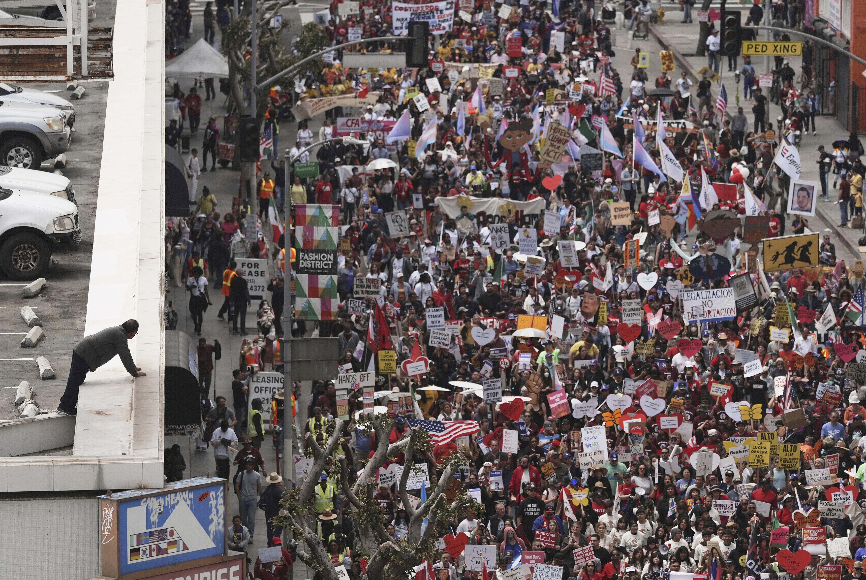Los Angeles, aerial shot of May Day march.