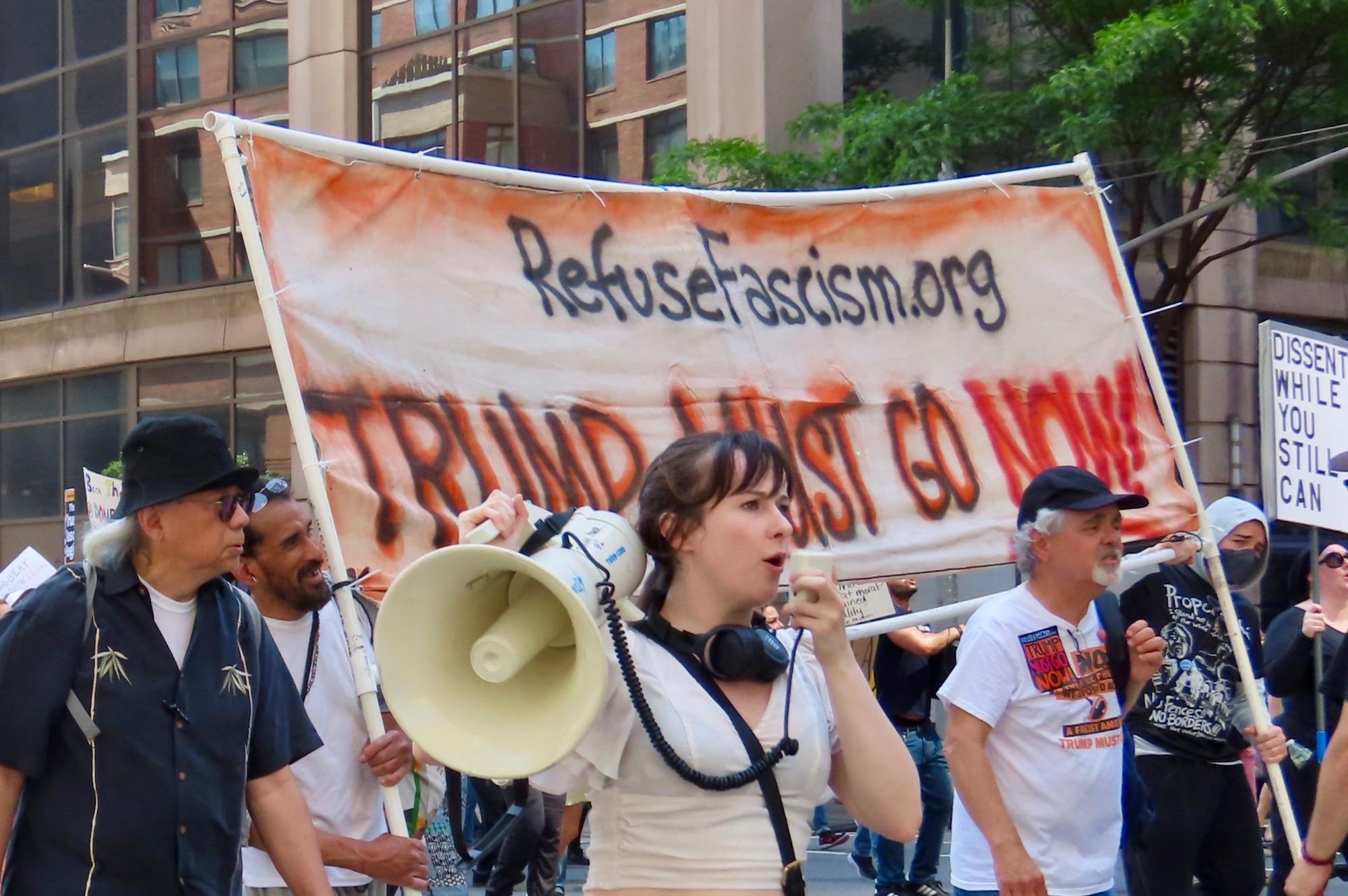 New York City marches and chants at Trump Must Go Now rally, May 17.2025.